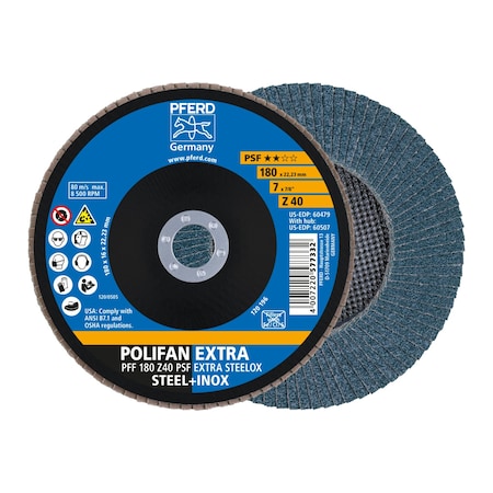 Pferd 7" x 7/8" A.H. POLIFAN Flap Disc - Z PSF EXTRA STEELOX, Zirconia, 40 Grit, Flat 60479